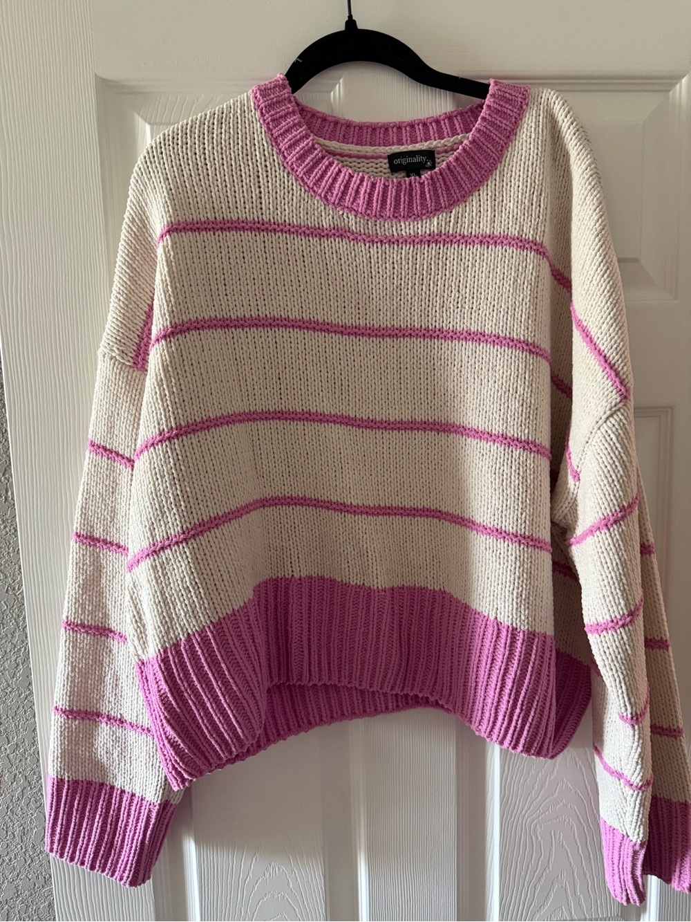 Originality Cream Crewneck Sweater with Pink Stripes